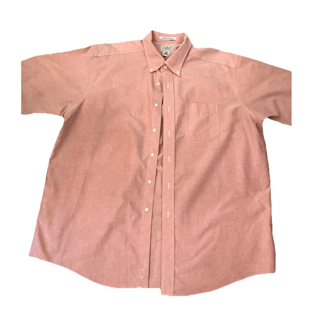 LL Bean Men Shirt Pink Sz 18 Button Up Short Sleeve 100% Cotton w/Pockets